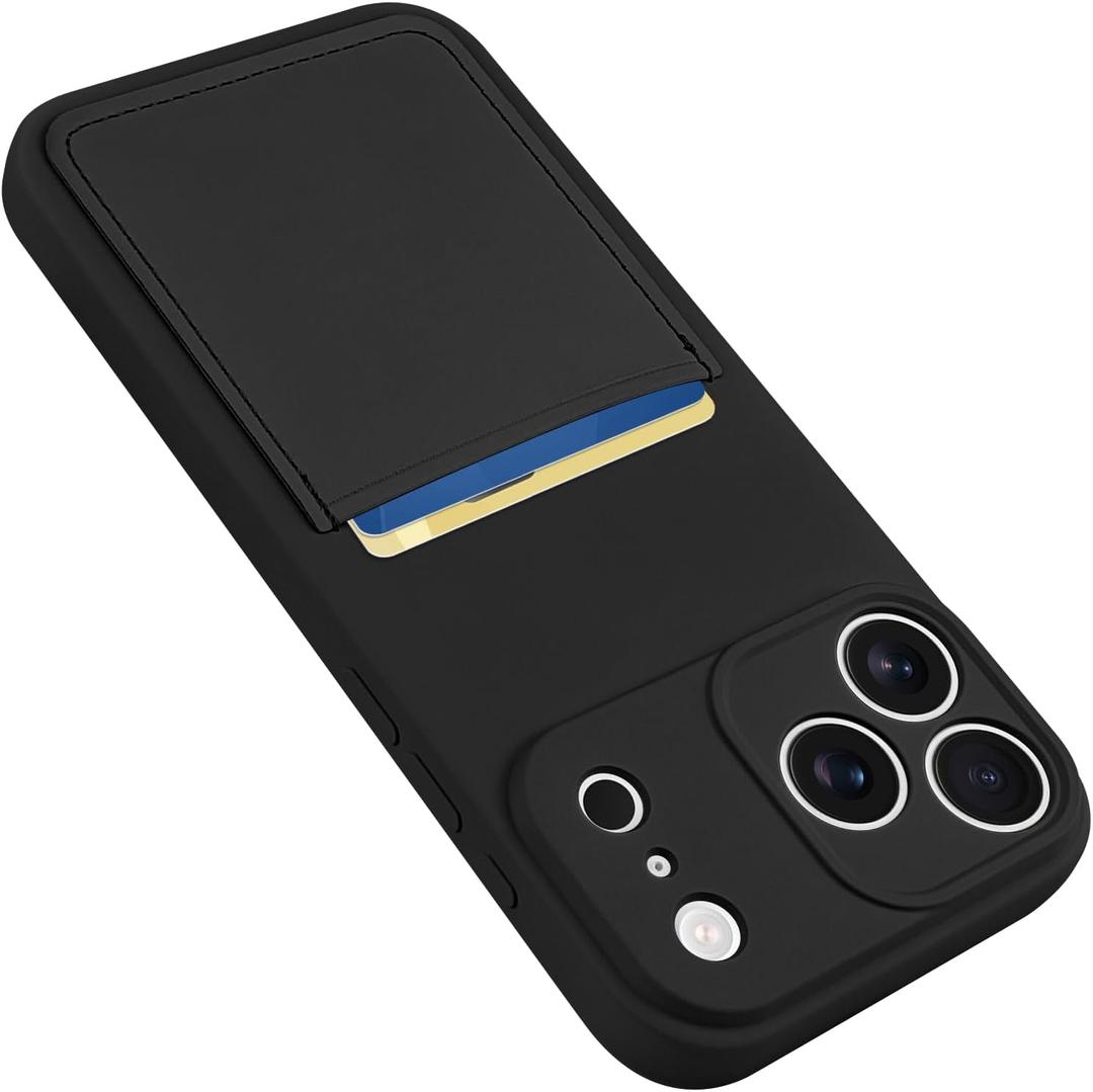 Design for iPhone 17 Pro Max Case with Card Holder for Women Men Soft Liquid Silicone Cover [Microfiber Lining] Full Camera Protection Shockproof Slim for iPhone 17 Pro Max Case Wallet Black