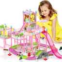 Princess Doll House for Girls, Dream Dollhouse with Track Car Toy Set, Dolls, Pets, Lights, Furniture and Accessories, Toddler Doll House Playset Gifts for 3 4 5 6 7 8 9 10+ Year Old Girls Toys, Pink (Style 2)