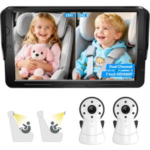 2-Kids Baby Car Camera Dual Monitor  7 Inch Display with Two Rear Facing Car Seat Cameras, 1080P HD Night Vision IR-CUT, USB Powered Plug and Play Backseat Baby Monitor for Infant & Toddler Safety
