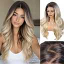 WIGER 13x6 Lace Front Wig Layered Wave Futura Fiber Wigs Curly Synthetic Pre Plucked Wavy Wig for Women Daily Party Use(Ombre 613 Blonde)
