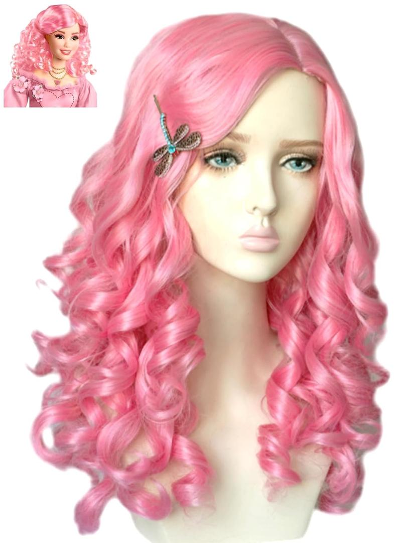 Bridget Curly Wig - 20" Synthetic Pink Wig for Girls & Women - Halloween Costume