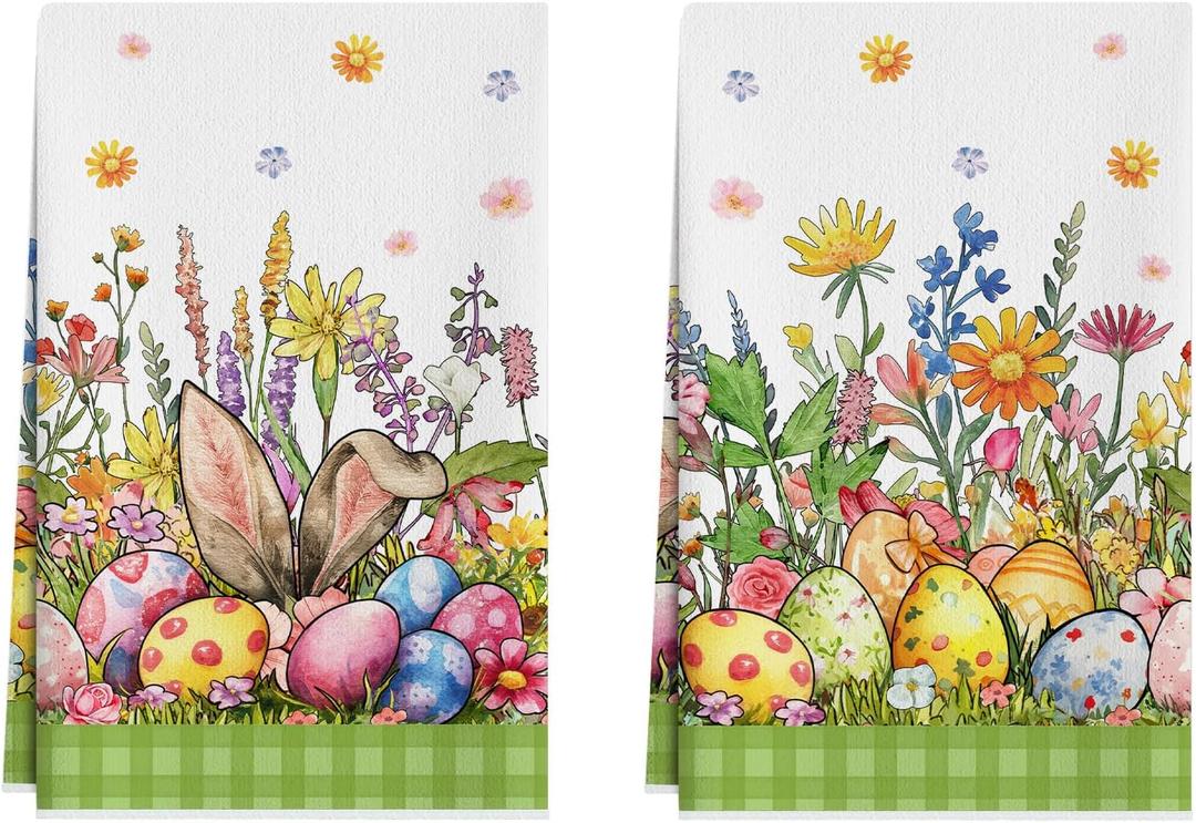 XCHI Bunny Ears Eggs Wildflowers Easter Kitchen Towels Dish Towels 18x26 Inch Home Kitchen Decorations Hand Towels Set of 2 Drying Dishcloth