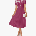 ZESICA Women's 2025 Casual Striped Midi Dress Crewneck Short Sleeve Button Ribbed Knit Swing Pleated A Line Dresses L