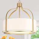 20.5'' Gold Drum Chandelier Light Fixture, 5-Light Large Modern Farmhouse Chandeliers for Dining Room Gold Drum Hanging Pendant Light with White Fabric Shade for Kitchen Living Room Foyer Bedroom