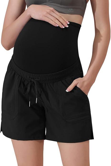 Maacie Maternity Hiking Shorts Quick Dry Waterproof 5" Workout Sports Shorts Outdoor Casual, Black XL