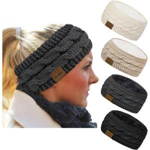 Loritta 4 Pack Womens Winter Headbands Fuzzy Fleece Lined Ear Warmer Cable Knit Thick Warm Crochet Headband Gifts (B Confetti(Black+Dark Gray+White+Beige))