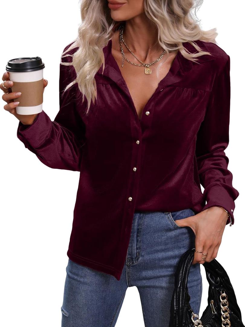 Floerns Women's Solid Button Down Long Sleeve Collar Velvet Shirt Blouse Top XL