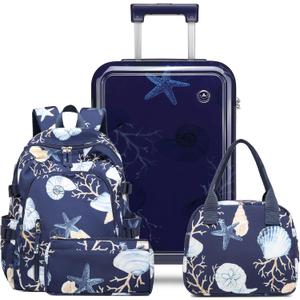Somago 4 Piece Kid's Luggage with Backpack Set for Boys Girls Spinner 18" Hardside PC Rolling Carry on Suitcase with TSA Lock (Seashell Navy)