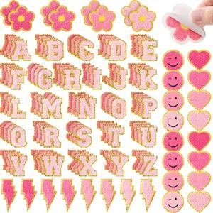 Hanaive 136 Pcs Chenille Letter Patches Self Adhesive Stickers for DIY Cute Smile Face Heart Rainbow Patches for Clothing Backpacks Bags Jackets Hat Decoration(Cute Style,Pink Color)