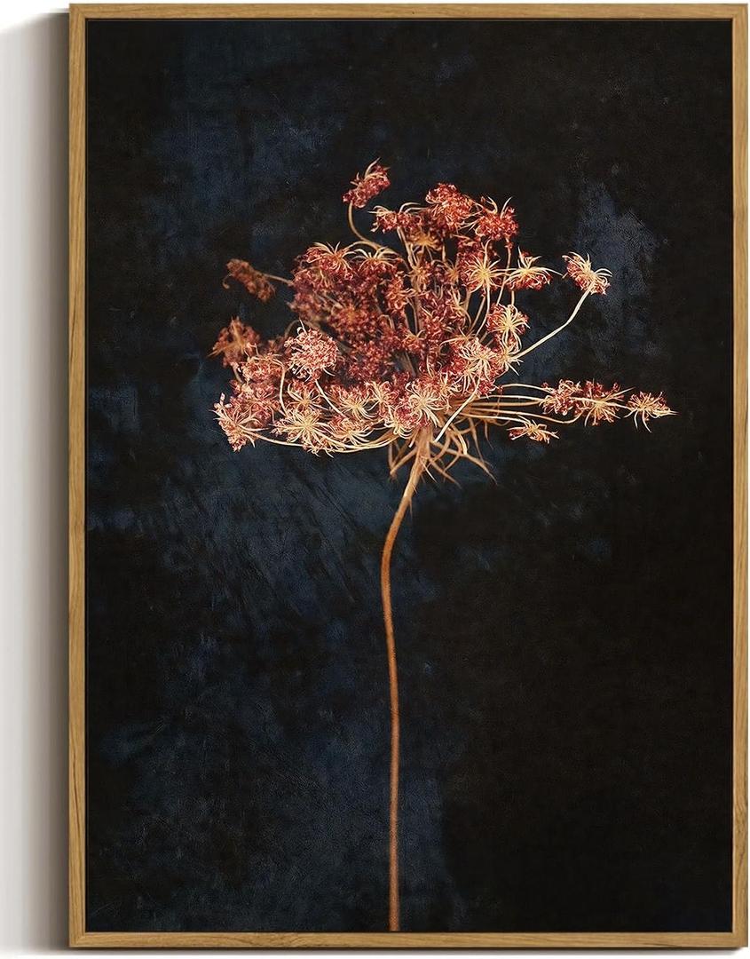 WALLZK Vintage Framed Wall Art Moody Botanical Wall Decor Dark Dried Flower Minimalist Canvas Prints Pictures Rustic Retro Artwork for Walls Living Room Bedroom Bathroom 16"x24"