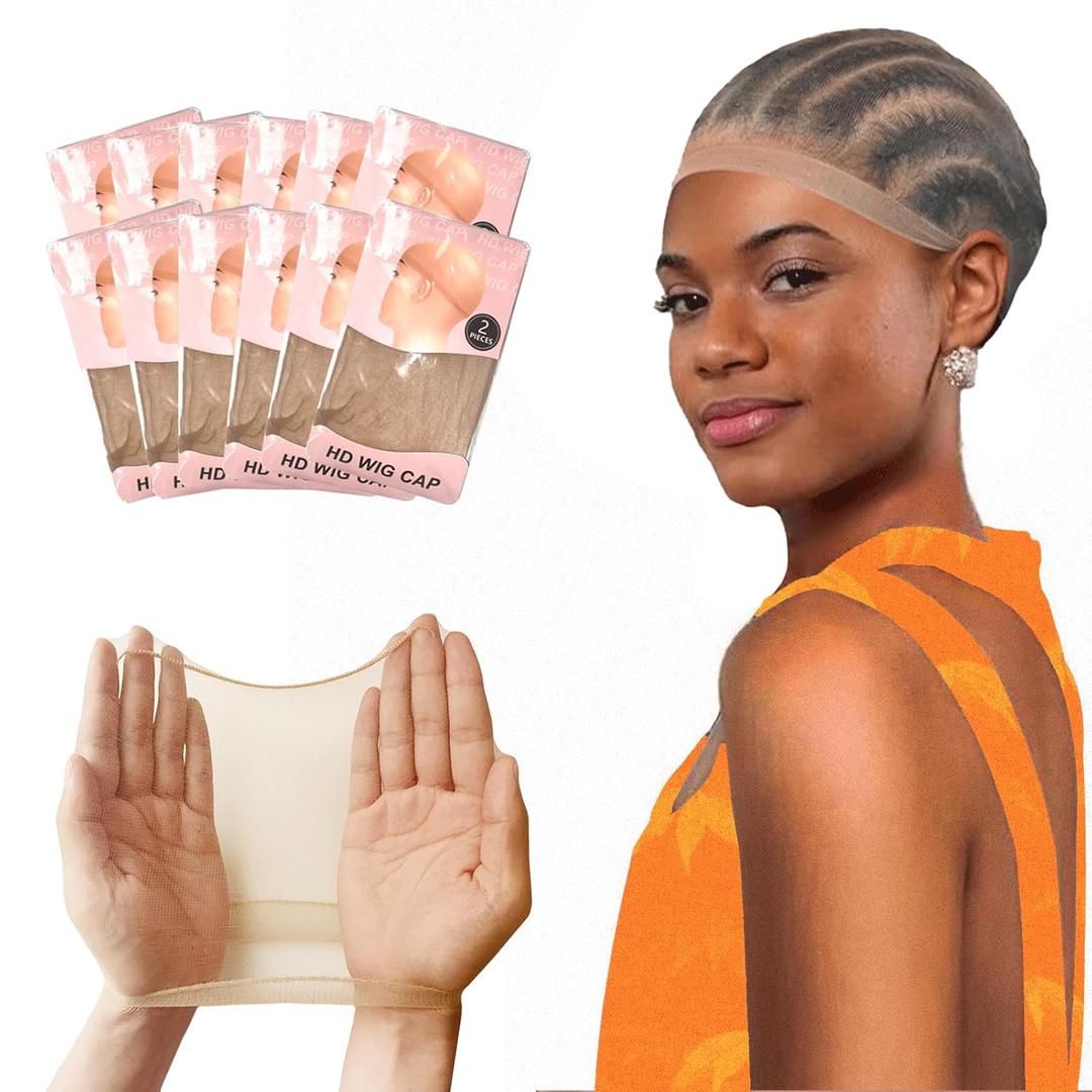 Atudew 24 PCS HD Wig Cap, Wig Caps for Women, Wig Cap for Lace Front Wig, Stocking Caps for Wigs, Bald Cap for Wig, Brown, Invisible, Super Thin, Nylon, Transparent, Elastic Wig Cap (12 Packs)