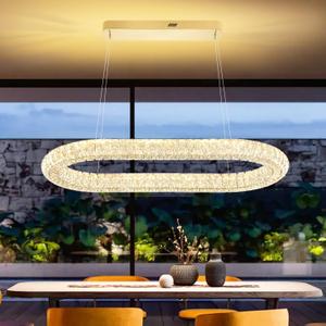 Led Ring Chandelier, Modern Linear Oval Chandelier for Dining Room 31.5in Gold Crystal Ring Pendant Light Dimmable 3000K-6000K, 32 inch