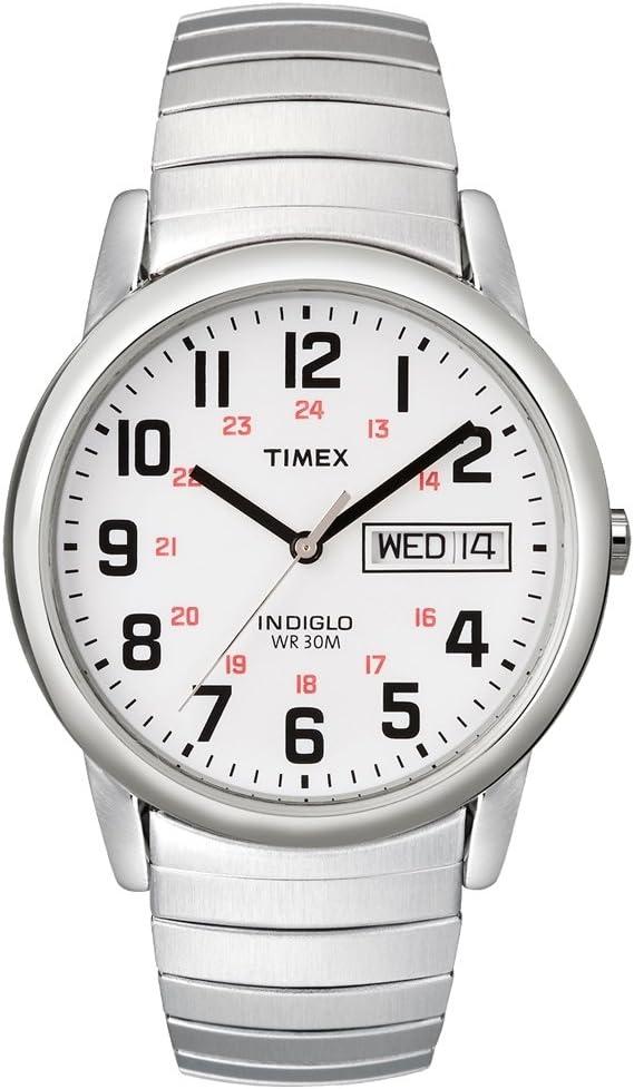 Timex Men's Easy Reader 35mm Day-Date Watch – Silver-Tone Case White Dial with Silver-Tone Expansion Band