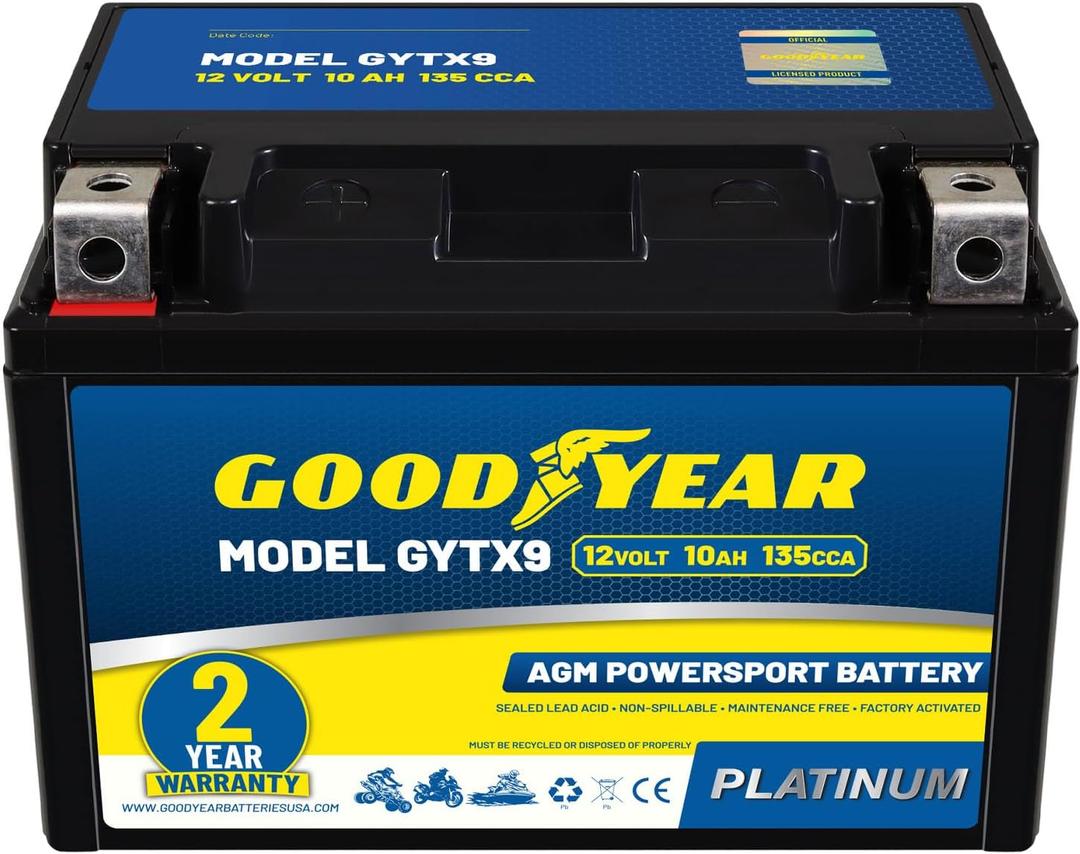 Goodyear GYTX9-12 Volt 10 AH, 135 CCA, Rechargeable High-Performance, Maintenance Free, SLA - AGM Battery for Motorcycle, ATV, UTV, 4-Wheeler, Snowmobile, Watercraft and more!