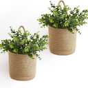 Dahey 2 Pack Wall Hanging Rope Basket with Artificial Eucalyptus, 6.5"W6.7"H Jute Woven Storage Organizer Flower Plants Basket Farmhouse Rustic Wall Decor for Porch Living Room Bedroom Entryway,Brown