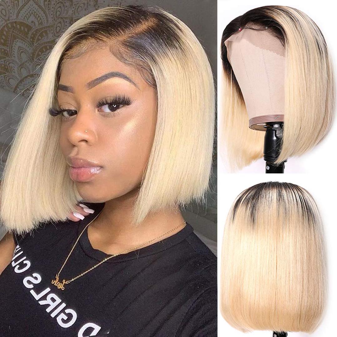 1B/613 Blonde Bob Wigs 13x4 HD Lace Front 14Inch Pre Plucked Natural Hairline Middle Part Straight Brazilian Human Hair Wig Glueless 180% Density Transparent Lace Bob Wig for Women(Could be Restyled)