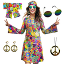 70s Hippie Dress Costumes Necklace Earrings Sunglass Women Disco Outfit, 60s Party Costume, Halloween Retro Dresses L
