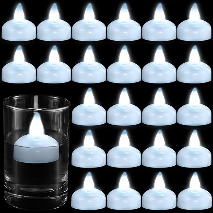 Honoson 24 Pack Flameless LED Floating Candles 1. 6'' Waterproof LED Floating Tealights Battery Water Activated Tealights for Weddings Pool Centerpiece Party Decor(White)