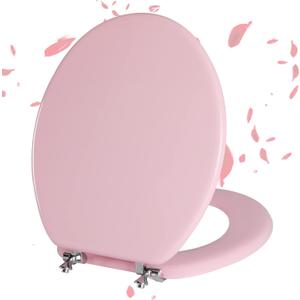 Pink Round Toilet Seat Natural Wood Toilet Seat with Zinc Alloy Hinges, Easy to Install also Easy to Clean, Scratch Resistant Toilet Seat by Angol Shiold (Round, Pink) (Round, Pink)