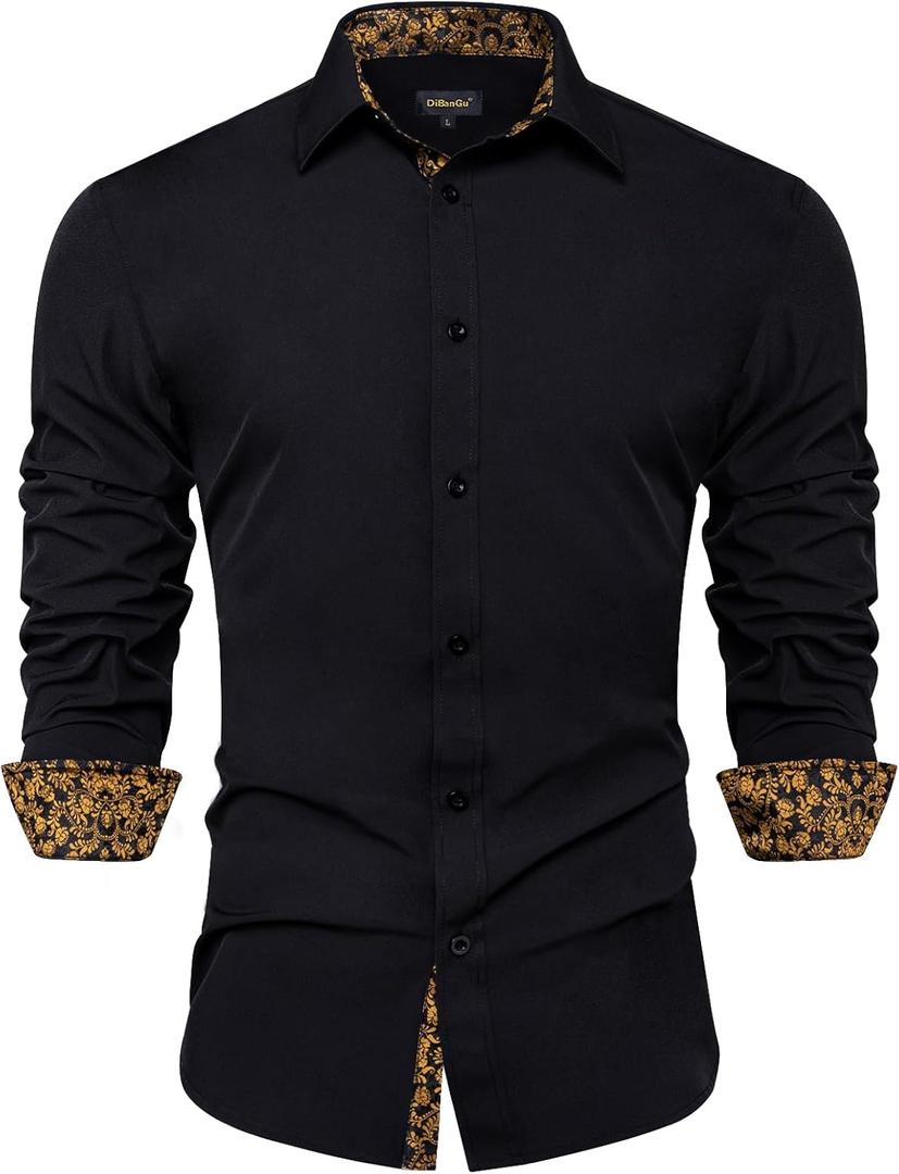 DiBanGu Mens Dress Shirts Solid Long Sleeve Button Down Shirts Regular Fit Inner Contrast Formal Shirts Wedding Business (3X-Large, Gold Floral)