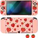 DLseego Protective Soft TPU Case for Nintendo Switch OLED, Grip Cover for Joy-Handle, Detachable Controller Shockproof & Scratch-Resistant Console Shell, 2 Thumb Grips, Strawberry, Pink 2 OLED