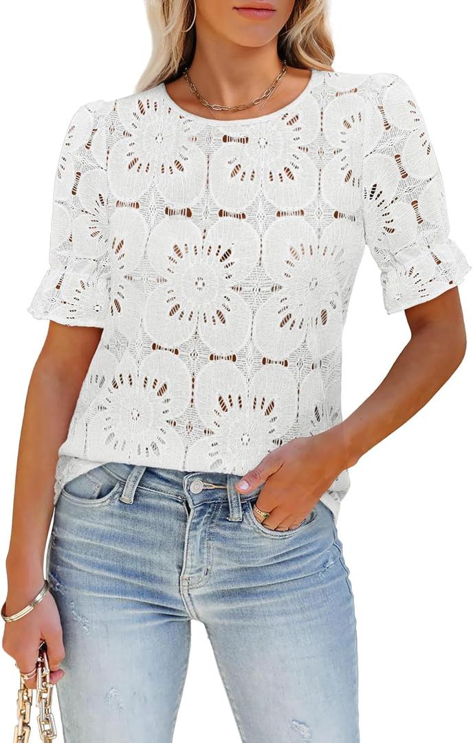 Women's Eyelet Tops Puff Short Sleeve Blouses Dressy Casual Cute Hollow Out Crochet Lace Embroidered Summer Shirts (Large, White)
