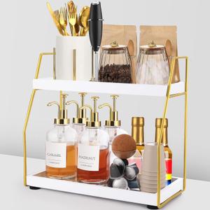 DWTS Coffee Bar Accessories,Coffee Station Organizer with Multi-Functional,CoffeeBar Decor for Accessories,2 Tier Wooden Shelf Gold Metal Station Organizer for Countertop, Syrup