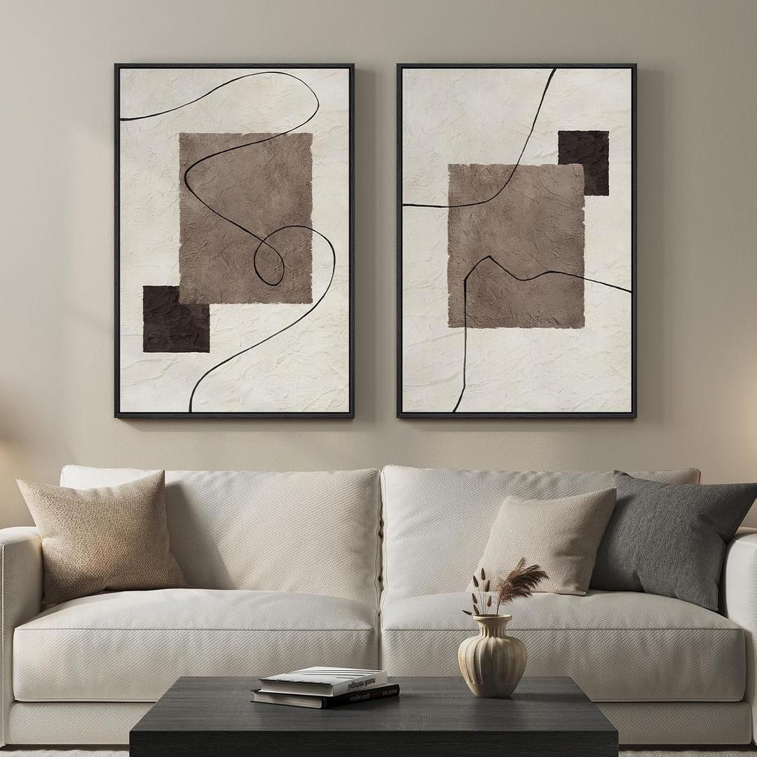 Framed Neutral Abstract Wall Art for Living Room, Set of 2 Geometric Line Beige Brown Canvas Artwork for Walls, Large Minimalist Modern Painting Print for Hallway Bedroom Office Wall Decor, 24x36 Inch