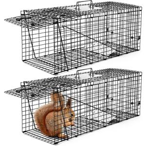 2 x Qualirey 2 Pack Live Animal Trap Cage 24.41 x 7.09 x 8.27 Inch Cat Trap Cage Foldable Steel Humane Catch and Release Animal for Groundhog Squirrel Raccoon Mole Gopher(Black)