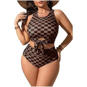 Verdusa Women's Plus Size Plaid Checkered Bikini Set Cut Out Bow Tie High Waisted Swimsuits 4XL