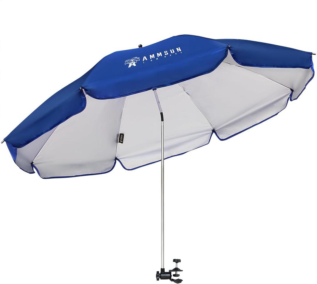 AMMSUN XL Chair Umbrella with Universal Clamp Adjustable 52 inches and 360-degree Swivel UPF 50+, Portable Clamp on Camping or Beach Chair, Stroller, Wheelchair, Golf cart, Blue, Large-sized