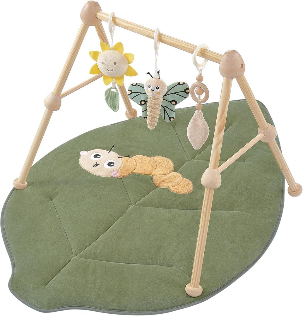 4-in-1 Wooden Baby Play Gym & Activity Mat, Soft Cotton Tummy Time Mat for Babies 0+,with 3 Detachable Toys for Sensory & Motor Skill Development,Newborn Infant Baby Essentials Gift,Leaf (Green)