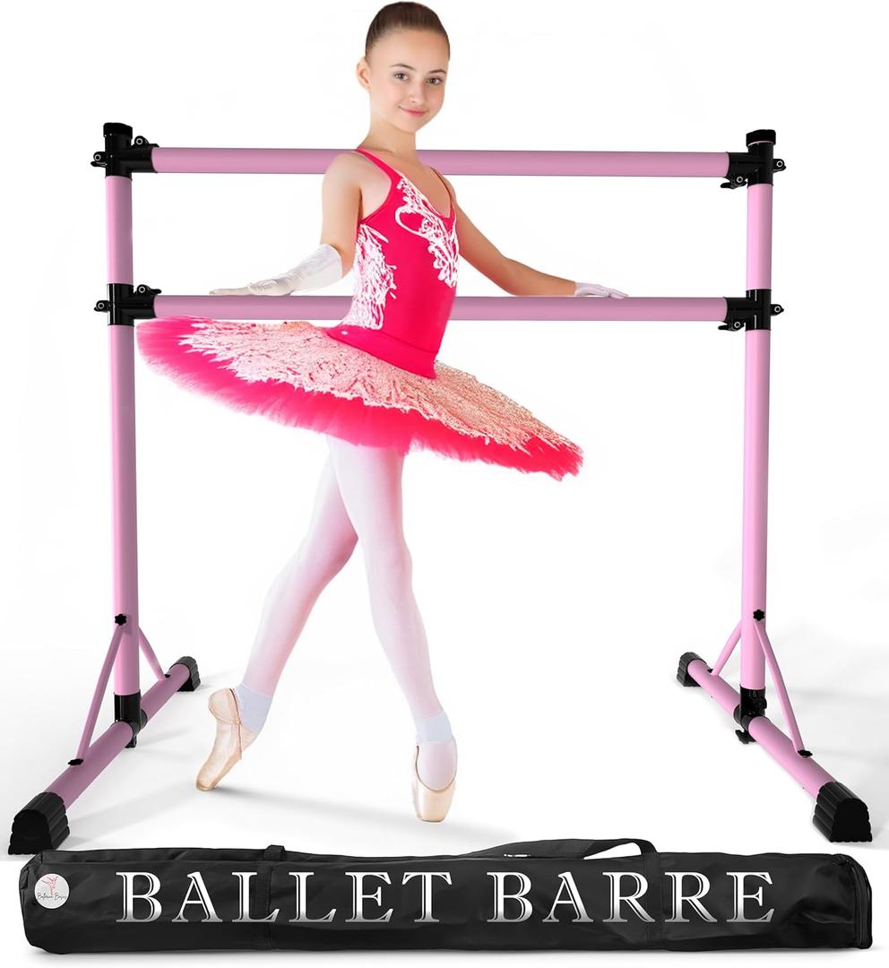 New & Improved 4 Ft Steel Double Ballet Barre with Carry Bag and Beginner Guide,Adjustable&Portable Ballet Barre for Home and Gym,Quality Ballet bar Anti-Wobble,Stretching Dance bar (Pink)