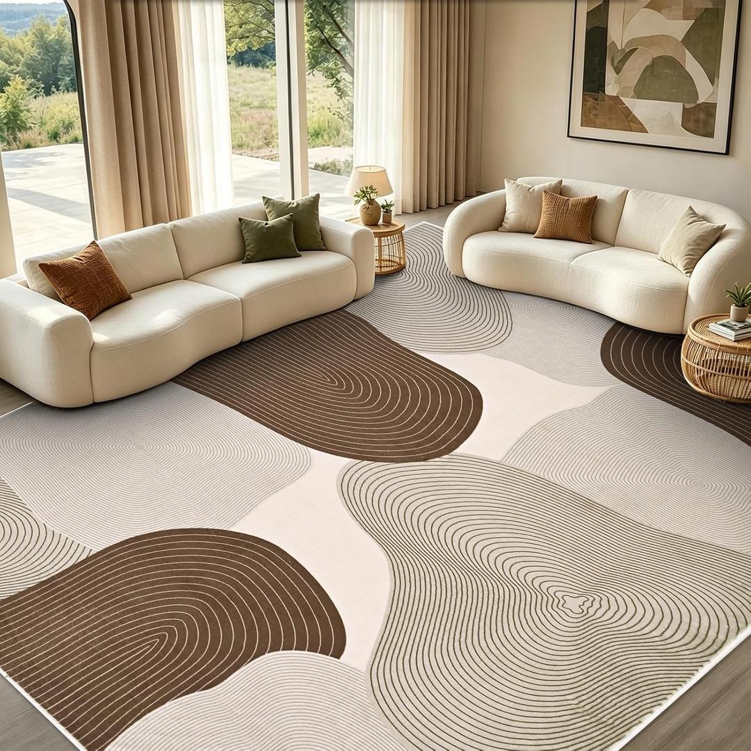 Yinhua Abstract Area Rug 9x12, Brown Living Room Rug Washable Modern Rugs Non Slip, Soft Area Rugs Low Pile, Faux Wool Carpet for Bedroom, Dining Room, Brown
