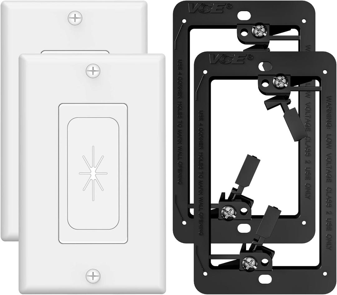 VCELINK Wall Plate Cable Pass Through with Mounting Bracket, Single Gang Flexible Rubber Opening Cable Outlet Cover for Low Voltage Cables, Wall Mount TV, Home Theater System, 2-Pack, White