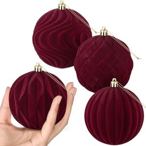 Blueweenly 12 Pcs 4 Inch Burgundy Large Velvet Christmas Ball Ornaments Vintage Christmas Plastic Ball Ornaments Flocked Tree Hanging Decoration for Xmas Party Wedding Home Decor