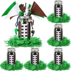 Qinyoung 6 Set Football Party Centerpieces for Tables Decoration, 6 Pack 25oz Glass Mason Jar Vases with Silver Lids, Game Day Birthday Team Sports DIY Table Decorations