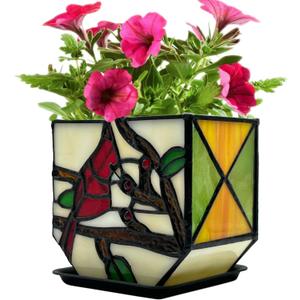 Stained Glass Cardinal Bird Indoor Planter Pot, Decorative Flower Pot with Drainage,Planter Pots for Indoor Plants,Christmas Cardinals Decorations,Cardinal Gifts