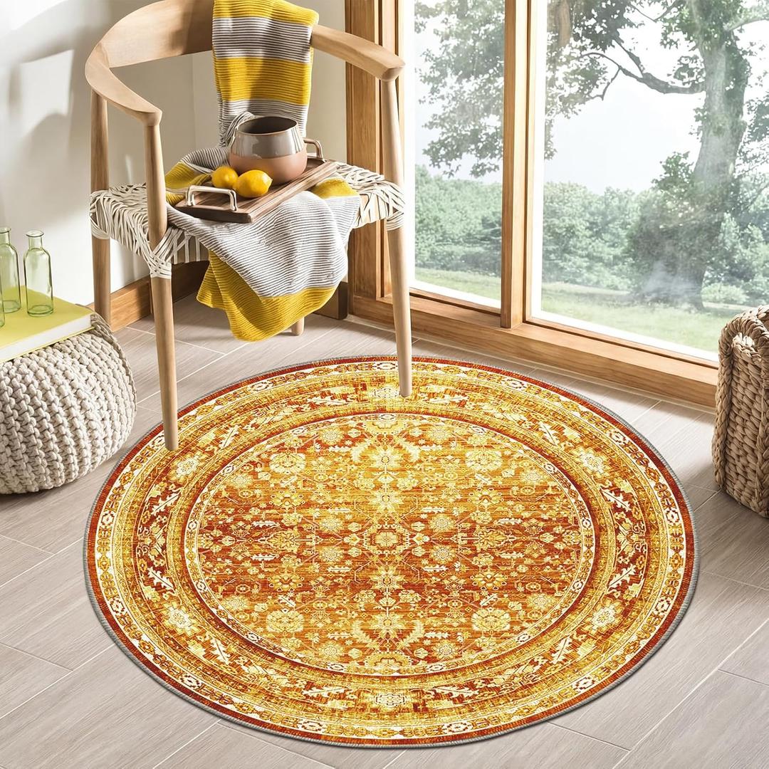 OPPODREAM Vintage Orange Round Rug 4ft, 4 ft Retro Washable Circle Rug Non Slip, Low-Pile Faux Wool Circular Carpet, Distressed Floor Mat for Living Room, Bedroom, Office, Dorm, Dinning Room
