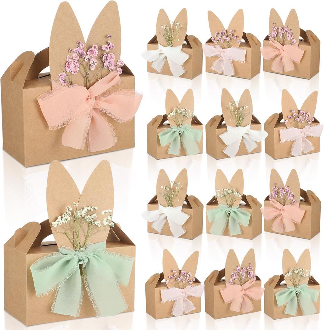 Harloon 24 Set Easter Treat Boxes Pastel DIY Easter Bunny Gift Boxes Basket for Candy Cookies Goodies Party Favors with Ribbon Artificial Flowers Rustic Cute Spring Rabbit Ears Paper Treat Bags Bulk