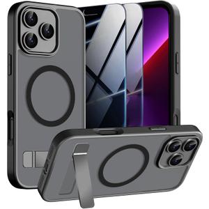 Magnetic Case for iPhone 13 Pro Max Phone Case with Privacy Screen Protector 2X,Compatible with MagSafe,Invisible Kickstand [20FT Protection],Translucent Matte Shockproof Cover for 13 ProMax,Black