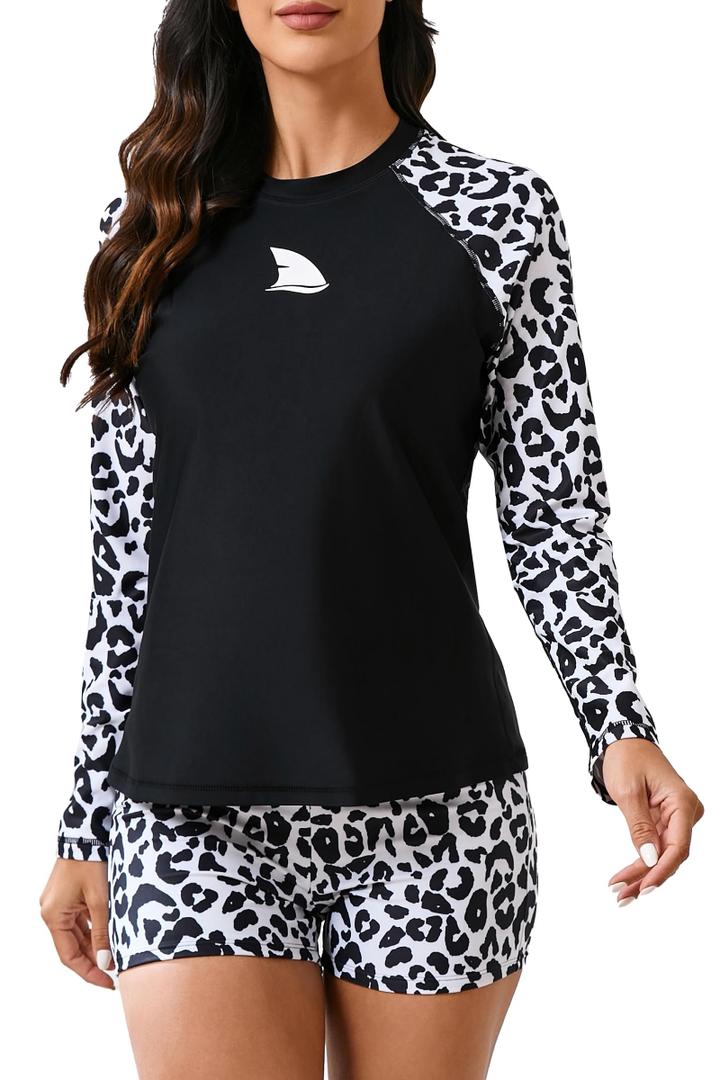 ALLTOKE Women's 2 Piece Rash Guard Sets with Bra Black Leopard S (S)