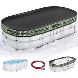 UIRWAY Upgraded 15x30 ft Oval Winter Pool Cover- 185gsm Heavy Duty Fabric Pool Cover for Above Ground Pools, Ultimate Windproof with 2 Buckle Straps & Winch and Cable Set, Cold and UV Resistant