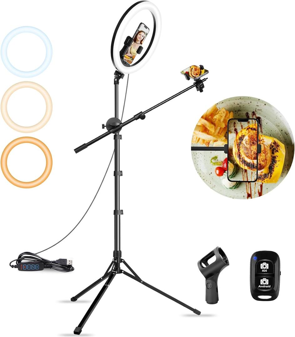 Aureday 12" Overhead Ring Light with Stand, Dimmable Ringlight with Phone & Mic Holder, 62" Adjustable Tripod for Video Recording, Live Streaming, Tiktok, YouTube, Makeup, Cooking (BLACK)