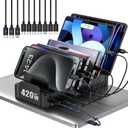 420W Charging Station for Multiple Devices, Zobirez 10-Port USB C Fast Charger Stations for MacBook, iPhone, Android Cell Phone, iPad, Tablet, Family Multi-Device Organizer Charging Dock, Black