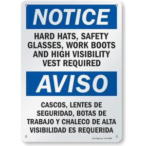 SmartSign - S-5992-AL-14 Notice - Hard Hats, Glasses, Boots, Vest Required Bilingual Sign By | 10" x 14" Aluminum