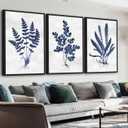 Large Framed Botanical Wall Art - Navy Blue Leaf Wall Decor 16"x24" Set of 3 Minimalist Wall Art Prints Vintage Plant Painting Rustic Fern Canvas Pictures for Living Room Bedroom Office Artwork, 16"x24"x3 Framed