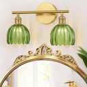Gold Bathroom Light Fixtures Over Mirror, 2 Light Bathroom Vanity Light with Tulip Green Glass Lampshade, Vintage Vanity Lights for Bathroom Living Room Hallway