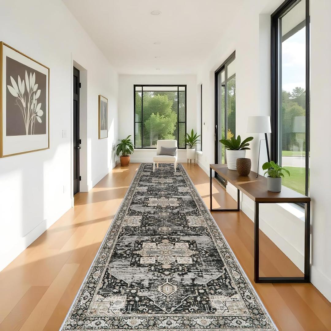 RUUGME Hallway 3x16 Runner Rug - Large Boho Rugs for Living Room Stain Resistant Carpet Vintage Tribal Rugs for Bedroom Kitchen Non Slip Backing Home Decor Floor Decoration Mat 3x16 Black