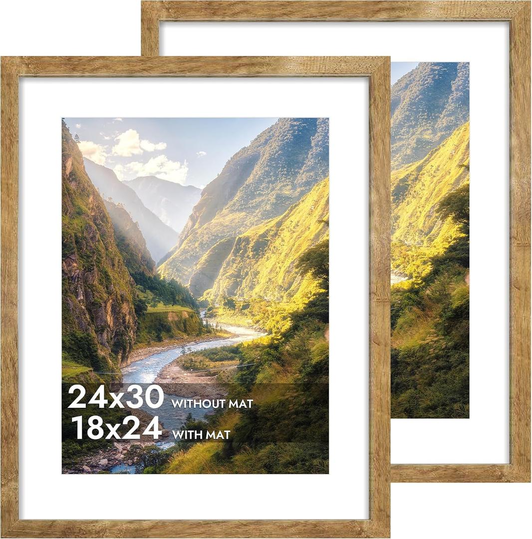 iRahmen 24x30 Poster Frame with 18x24 Mat - Plexiglass Wooden Picture Frames for Photo Wall Gallery Mounting (Rustic Brown, Set of 2)